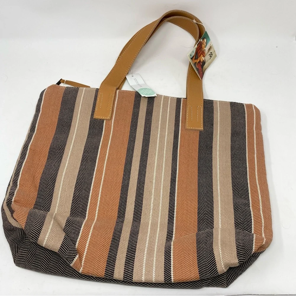 NWT Mercado Global Angela Tote Tan Canvas Leather Straps Chevron Pattern
